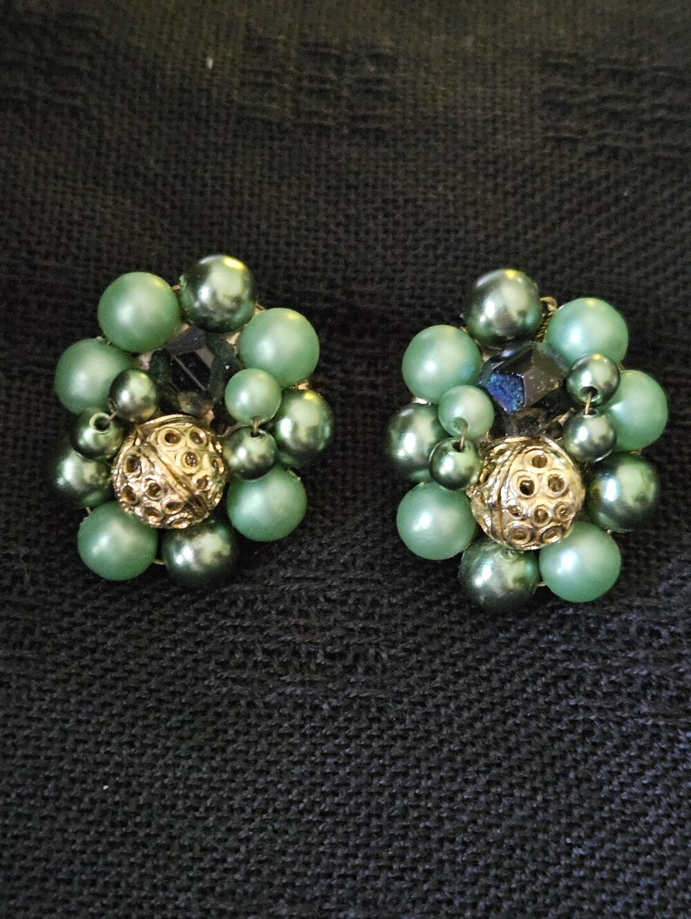 Vintage Green And Gold Beaded Cluster Clip-On Earrings.